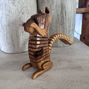 Vintage Folk Art Hand-Carved Wooden Accordion Squirrel Figurine - Natural Brown